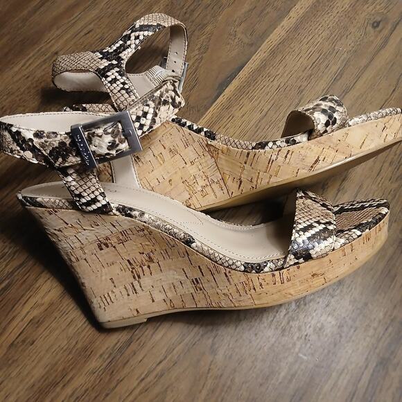 Strappy tan‎ and brown snakeskin cork wedge platform sandals, brand new, size 9 - Picture 1 of 5